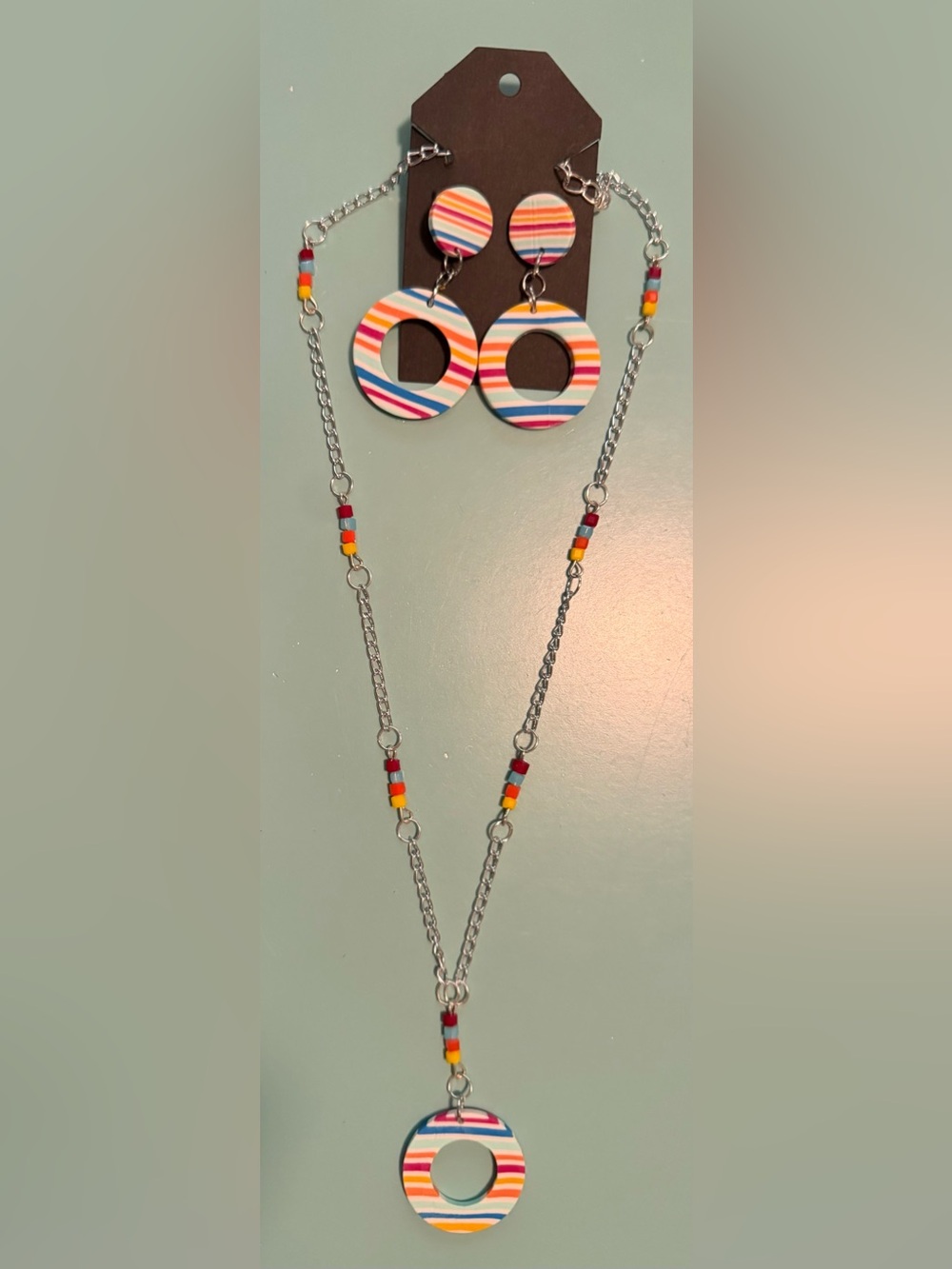 Colorful Striped Pendant Necklace and Hoop Earring Set - Multi Color Beads